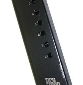 Black ProMag pistol magazine with numbered witness holes 2–9 and a curved base plate.