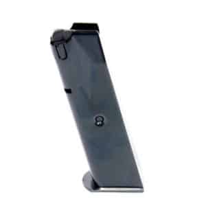 Gray metallic pistol magazine angled upright with feed lips visible at the top and a flat base plate.