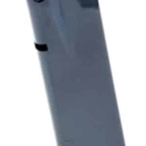 Gray handgun magazine standing upright on a curved base, shown from the side.