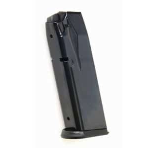 Pistol magazine standing upright against a white background, with a curved baseplate at the bottom