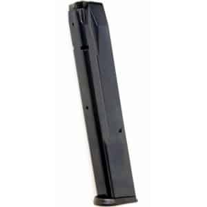 Black handgun magazine upright, showing the dark metal body and rounded baseplate