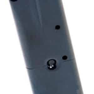 Black handgun magazine standing upright with base plate visible and a small follower hole near the top