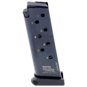 Pistol magazine with numbered round holes (2–8) and ProMag branding, standing upright at a slight angle.