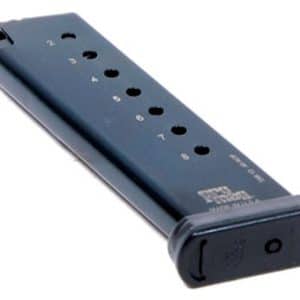 Detachable pistol magazine with round-count holes along the side and a curved body (blue-gray).