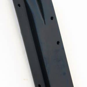 Black handgun magazine with feed lips visible at the top and a curved baseplate at the bottom surface.