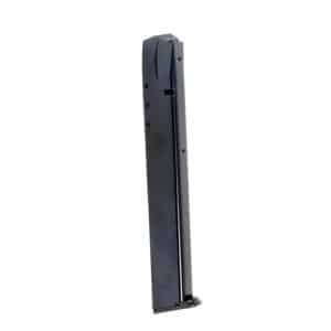 Metal detachable handgun magazine standing upright.