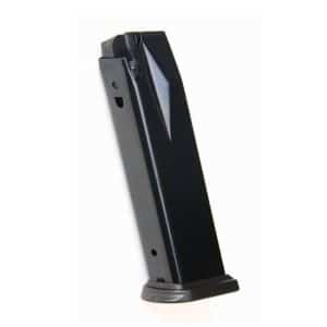 Black handgun magazine standing upright, side view with a visible base plate