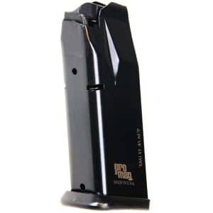 Black handgun magazine standing upright on its base plate, showing a glossy finish and ProMag branding.