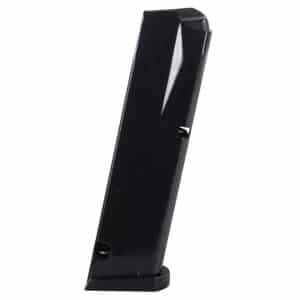 Black detachable pistol magazine standing upright on a white background, showing the baseplate at the bottom.