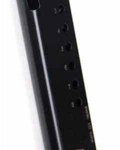 Black pistol magazine oriented vertically, showing witness holes along the side and a curved top.