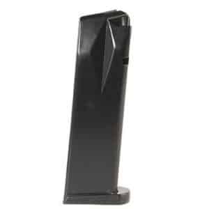 Detachable black pistol magazine standing upright on its base.