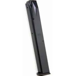 Black pistol magazine angled upright with a rounded base plate at the bottom, ready for loading