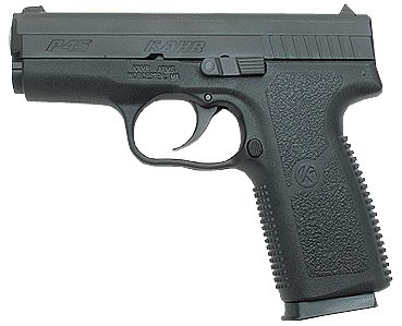 Side view of a black semi-automatic pistol with a textured grip.