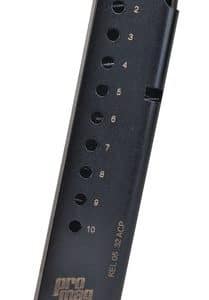 Black ProMag pistol magazine showing witness holes numbered 2 through 10 and 'Made in USA' at the base (ten‑round capacity).