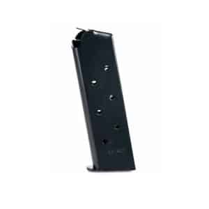 Black metal handgun magazine standing upright with visible witness holes and a flat baseplate.