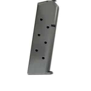 Metal pistol magazine tilted to the right, with round-count holes along its side.