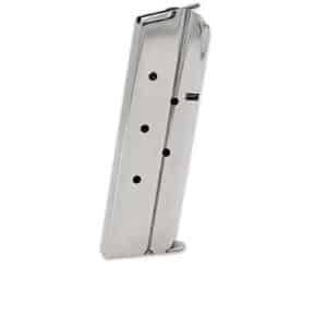 Silver metal pistol magazine angled upright with round-count holes visible.