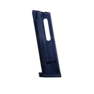 Blue handgun magazine standing upright against a white background.