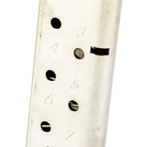 Metal pistol magazine for .45 ACP, silver finish with numbered witness holes and a loaded top, labeled 'KimPro Tac-Mag' on the side