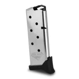 Metal handgun magazine with black base and Tac Mag Elite logo, showing witness holes along the side (informational)
