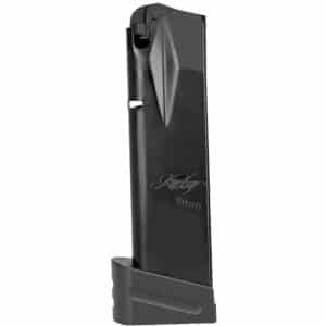 Black handgun magazine standing upright with a square, chunky baseplate at the bottom.