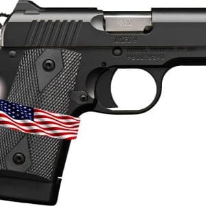 Semi-automatic handgun with an American flag ribbon wrapped around the grip, shown in side view