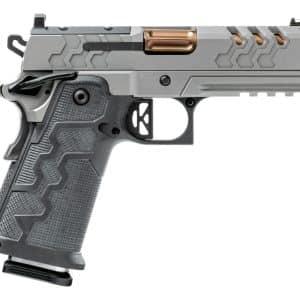 Side view of a futuristic, silver semi-automatic pistol with textured grip and copper-colored slide components