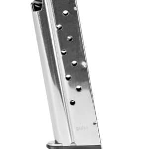 Metal pistol magazine for a 9mm semi-automatic handgun, shown upright with round holes on the side and a black base plate at the bottom.