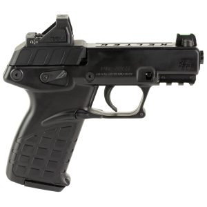 Side view of a black handgun showing the textured grip and trigger guard, with a portion of the slide and sight rail visible.