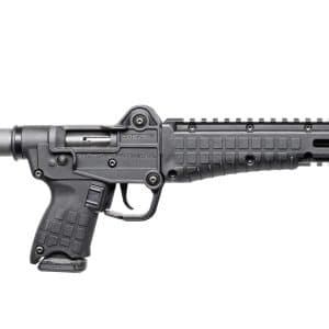 Semi-automatic black rifle with a folding stock, pistol grip, and extended handguard on a white background (long-barrel assault rifle).