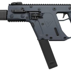KRISS Vector–style compact firearm with suppressor, adjustable stock, and Picatinny rails, shown in profile.