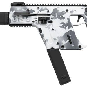 Kriss Vector style rifle with a black suppressor and white-gray camo pattern, curved magazine visible beneath the body.