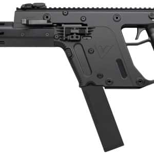 Side profile of a black tactical rifle with long barrel, vented handguard, pistol grip, curved magazine, and adjustable stock.
