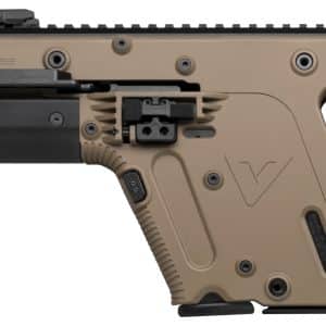 Tan tactical rifle shown in profile with a long black barrel, ventilated handguard, top rail, and adjustable stock.