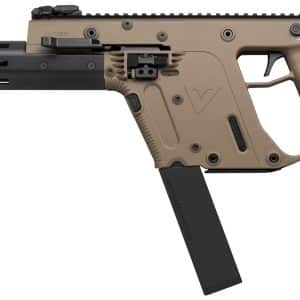 Tan modular assault rifle with black fore-end, flat-top rail, and curved detachable magazine in a horizontal pose