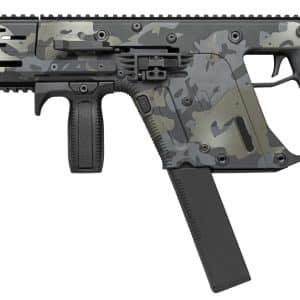 AR-style rifle with gray camouflage pattern, full-length handguard, vertical foregrip, and detachable magazine