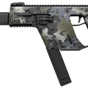 Camouflage Kriss Vector-style rifle with a suppressor, shown in a side profile with a black magazine and adjustable stock