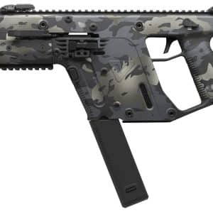 Camouflage-pattern semi-automatic rifle shown in side view with a detachable magazine and Picatinny rail along the top edge.