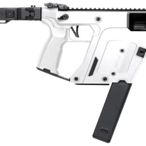 Futuristic white and black semi-automatic rifle with a long magazine and top tactical rail, shown in profile.