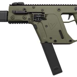 Olive green KRISS Vector-style rifle with a long black suppressor and a detachable magazine hanging below the grip area, facing left to right across the image.