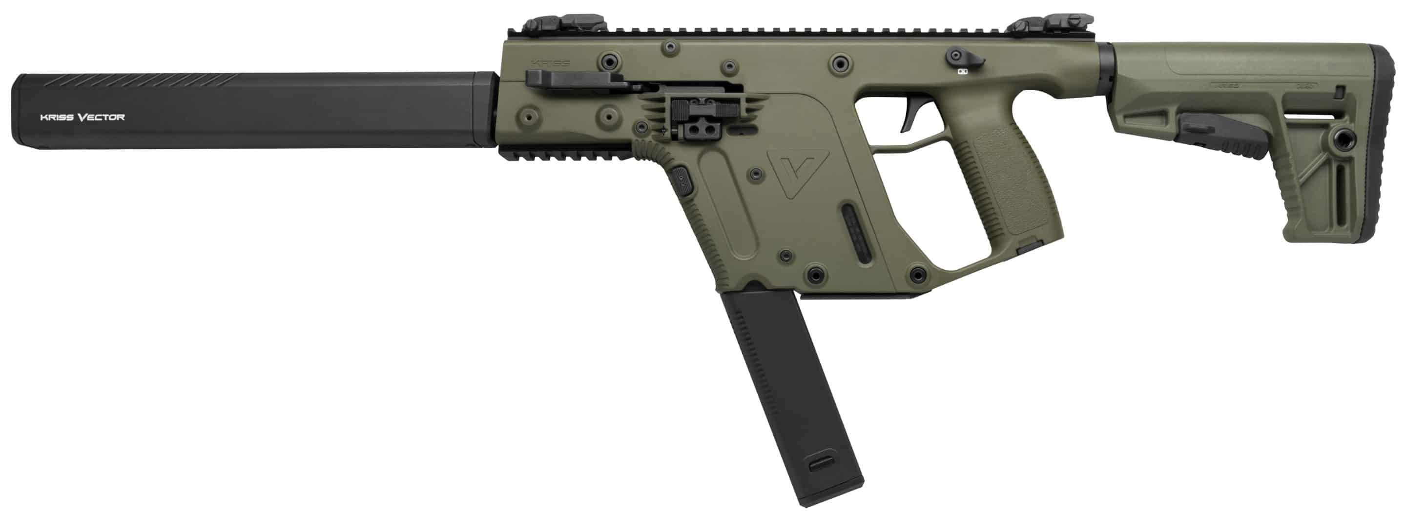 Olive green KRISS Vector-style rifle with a long black suppressor and a detachable magazine hanging below the grip area, facing left to right across the image.