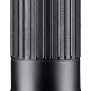 Black tactical flashlight with a ribbed, knurled grip and crenellated bezel, shown vertically.