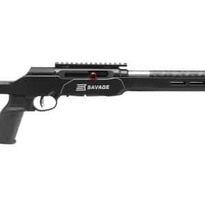 Black precision rifle with an adjustable stock, pistol grip, and long carbon-fiber muzzle, branded Savage, shown in profile.