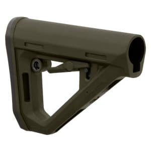 Olive-drab rifle buttstock with a rubber recoil pad and adjustment lever visible on a white background