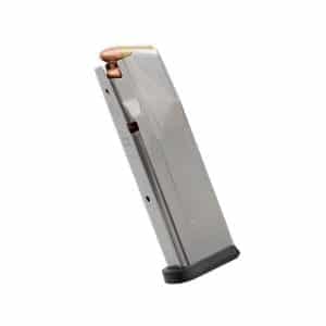 Metal pistol magazine loaded with copper bullets at the top, angled for loading.