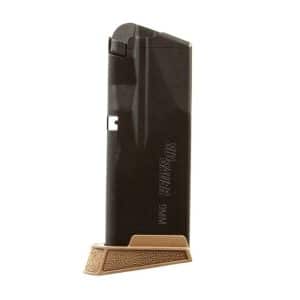 Black 9mm handgun magazine with a brown textured base plate standing upright.