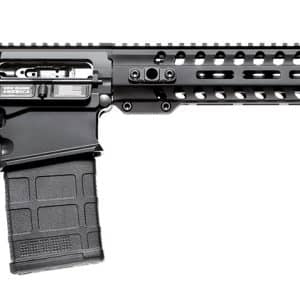 Black modular assault rifle shown in profile with adjustable stock, pistol grip, long perforated handguard, and detachable magazine