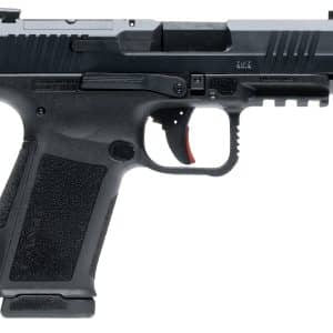 Side view of a black semi-automatic pistol with a textured grip on a white background