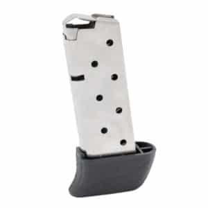 Metal handgun magazine with a black polymer base plate, shown upright with holes visible along the side