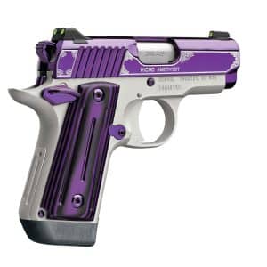 Close-up of a purple-and-silver semi-automatic pistol with decorative engravings on the slide and purple grip accents.